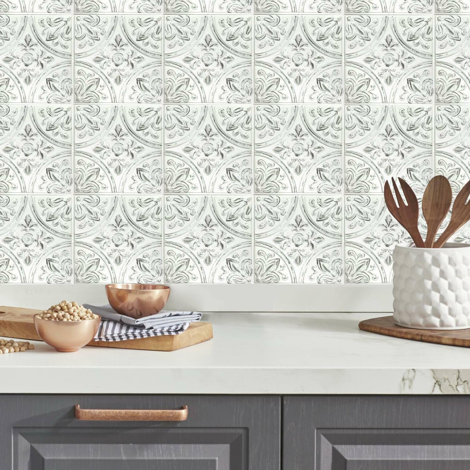RoomMates White Tin Peel & Stick Tile Backsplash StickTiles